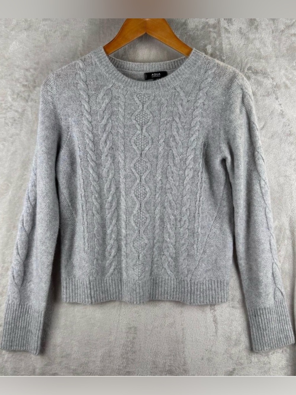 Aqua Light Gray Cable Crew Neck Sweater